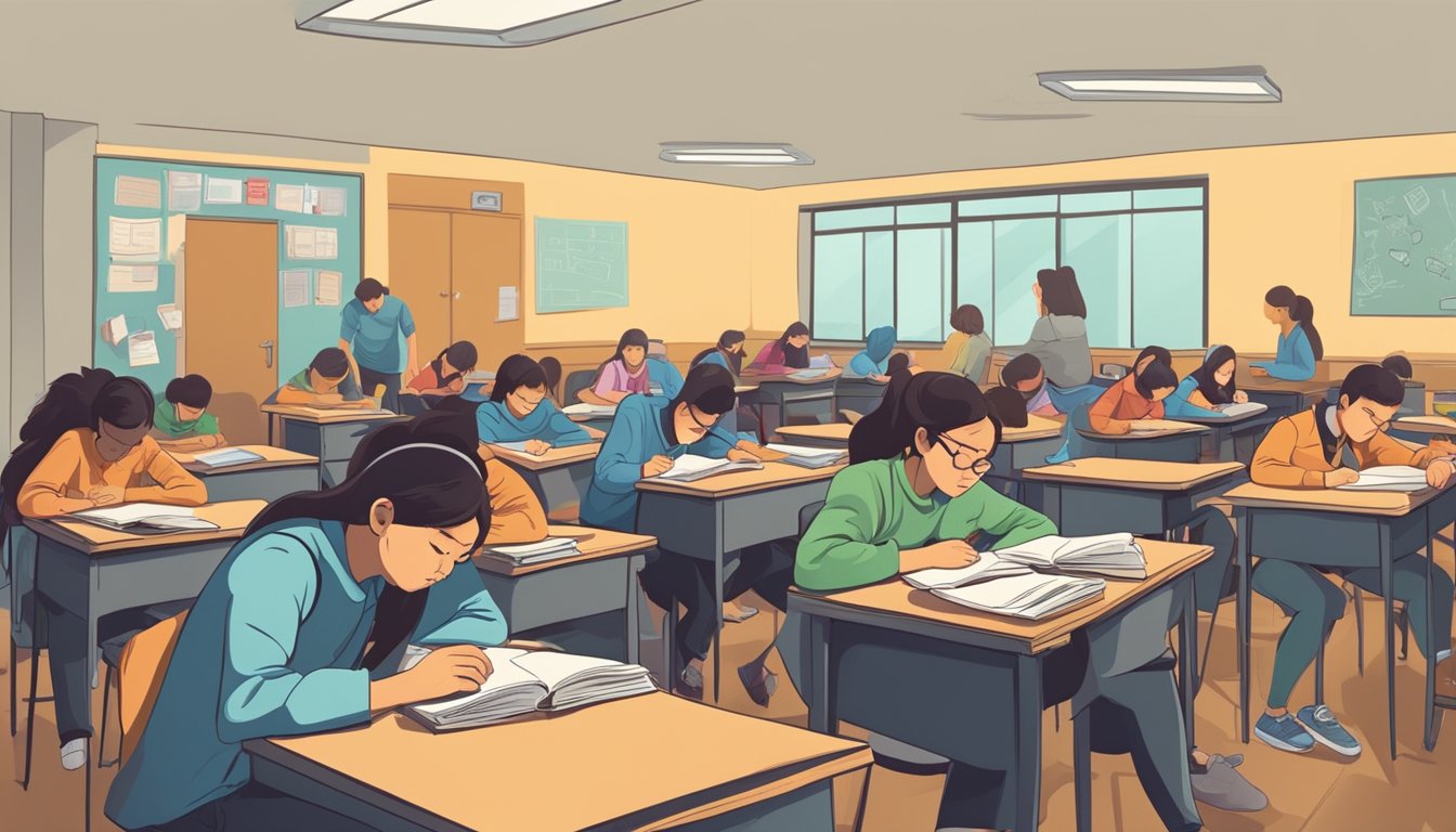 Students bored in a dim, cluttered classroom at a run-down tuition center with unengaged, unqualified teachers