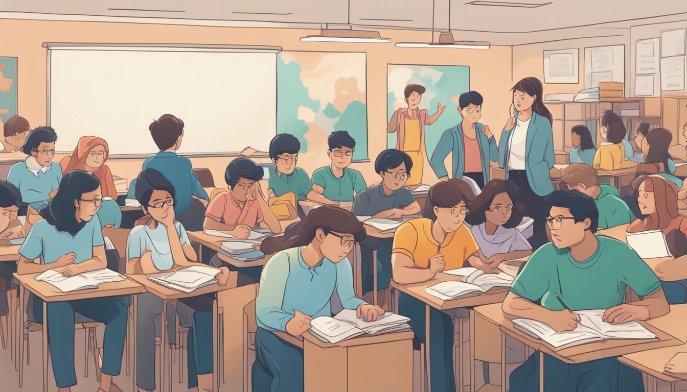 A crowded, disorganized room with frustrated students and a stressed teacher at a "Frequently Asked Questions terrible teaching tuition centre."