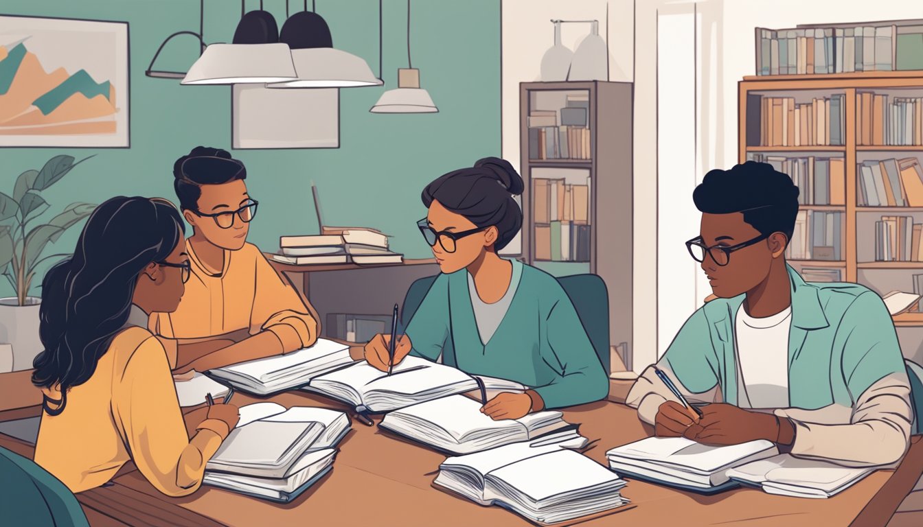 A small group of students sitting around a table with a tutor, engaged in learning and discussion. Books, papers, and writing materials scattered on the table