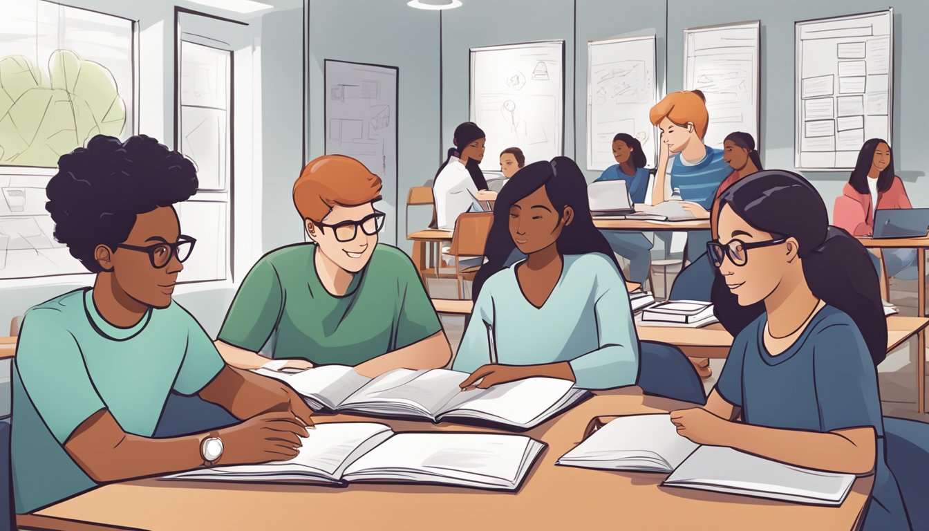 Students engaged in interactive learning, collaborating in a small group setting with a tutor. Books, whiteboard, and educational materials are visible