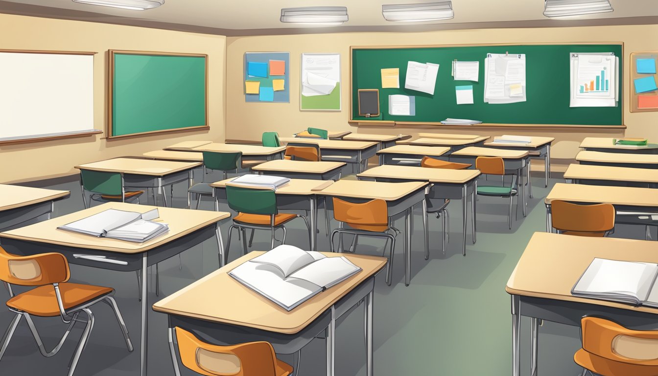 A classroom setting with desks and chairs, a whiteboard with lesson plans, textbooks, and educational materials for various subjects