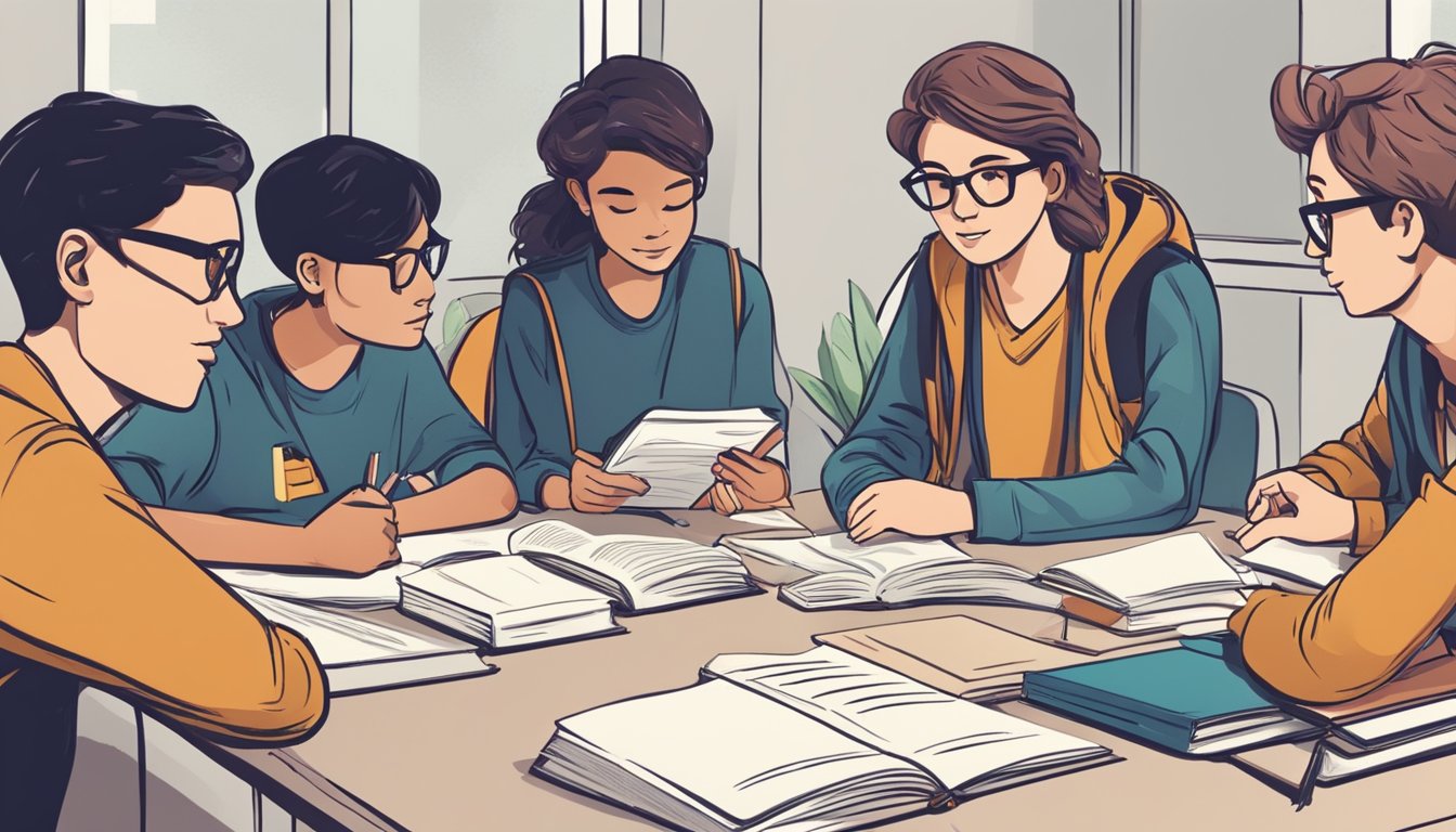 A group of students sit around a table, engaged in a discussion with their tutor. Books and notebooks are scattered across the table as they ask and answer questions