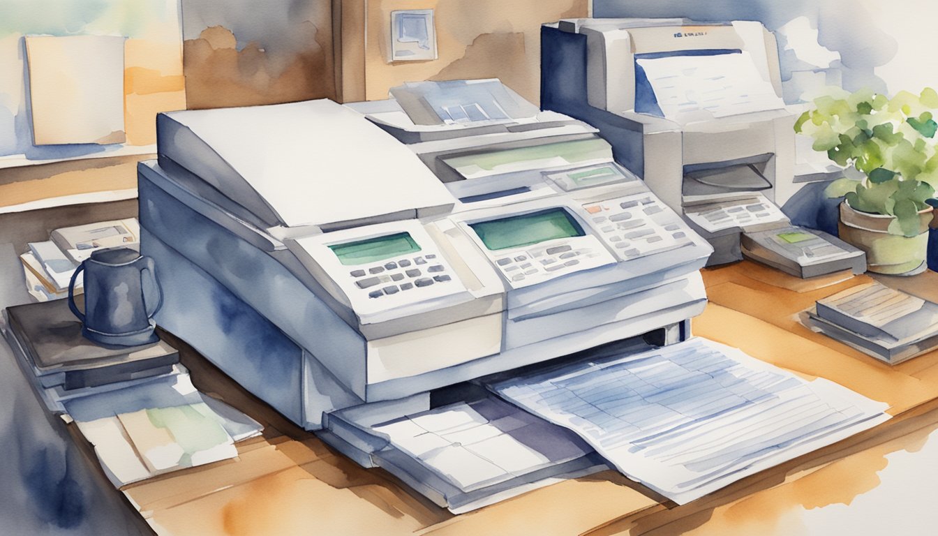 A fax machine scans a document, converts it into digital data, and transmits it over a phone line to another fax machine, which then prints out a copy of the document