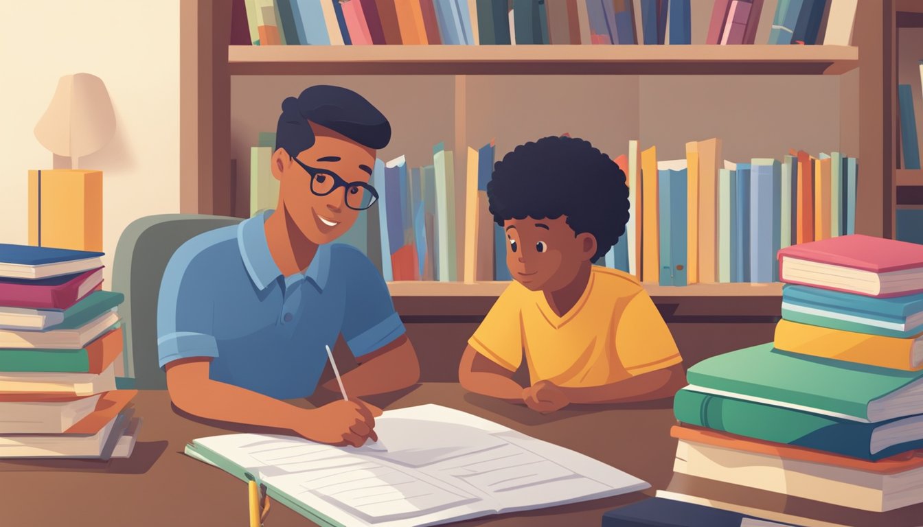 A parent and child sit at a table, surrounded by books and school supplies. A stack of papers labeled "tuition assistance" sits in front of them