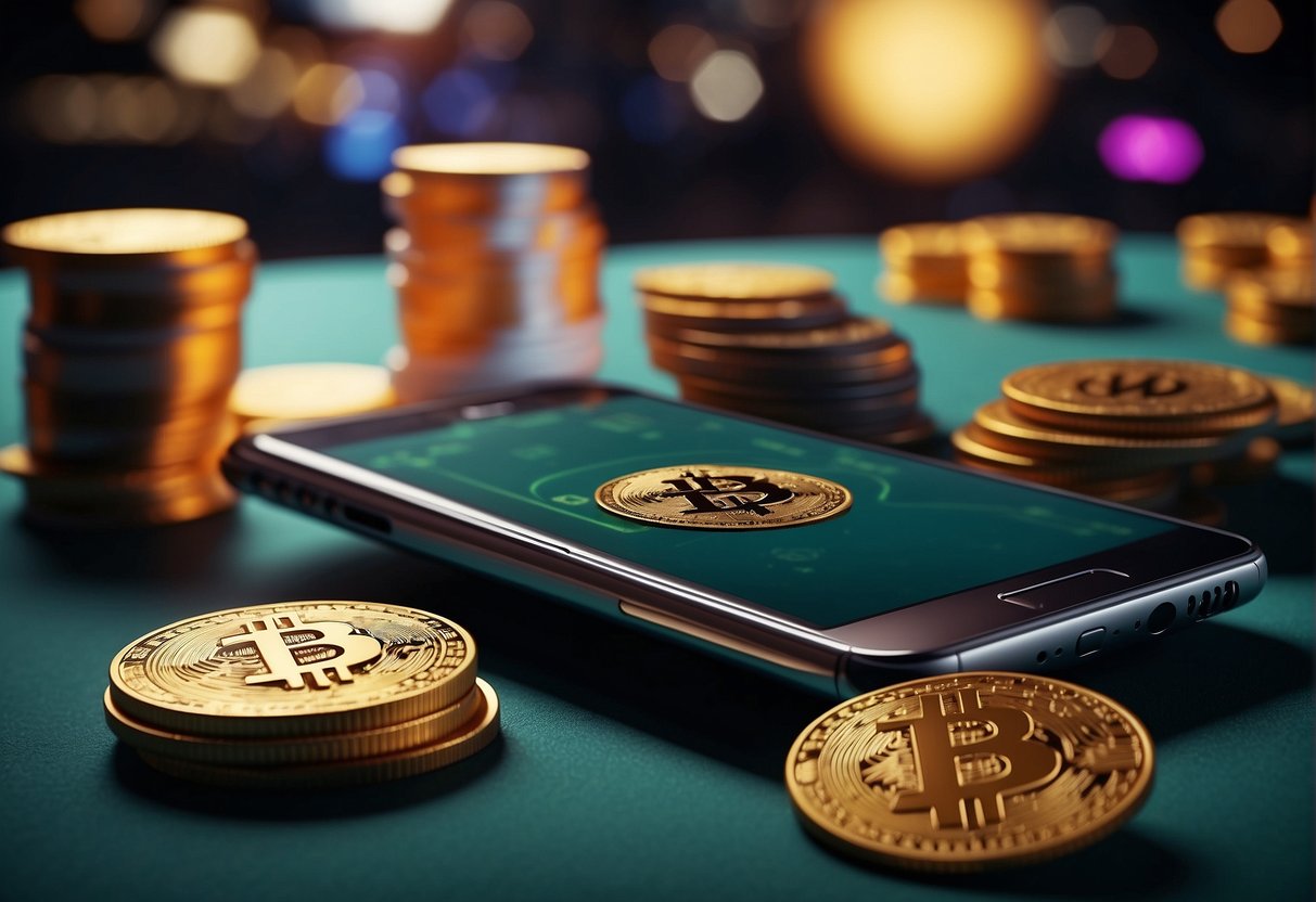 A casino table with digital currency symbols, a smartphone displaying a crypto wallet, and a happy winner receiving instant payouts