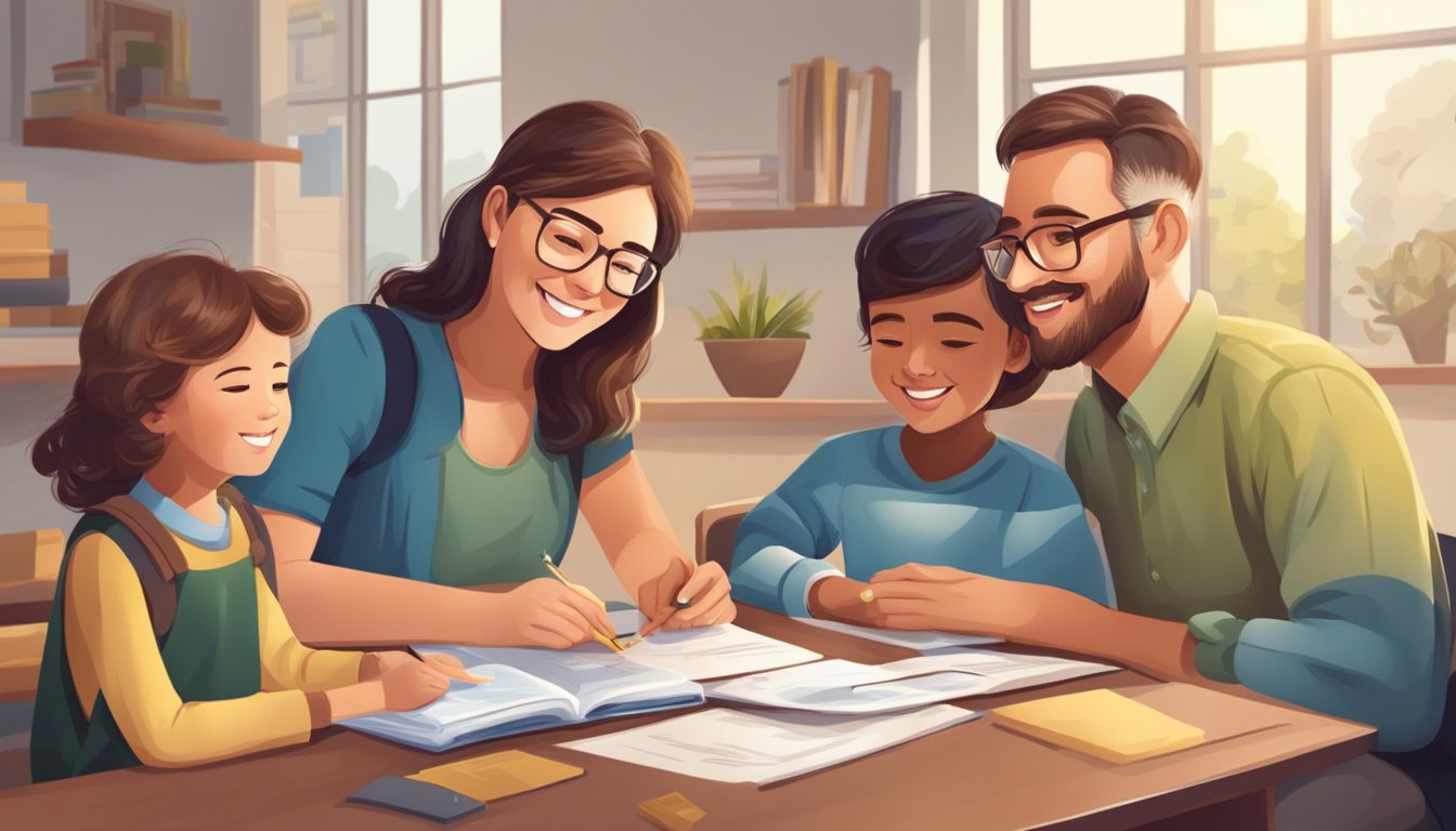 A family receiving help with tuition fees through a program, showing gratitude and relief