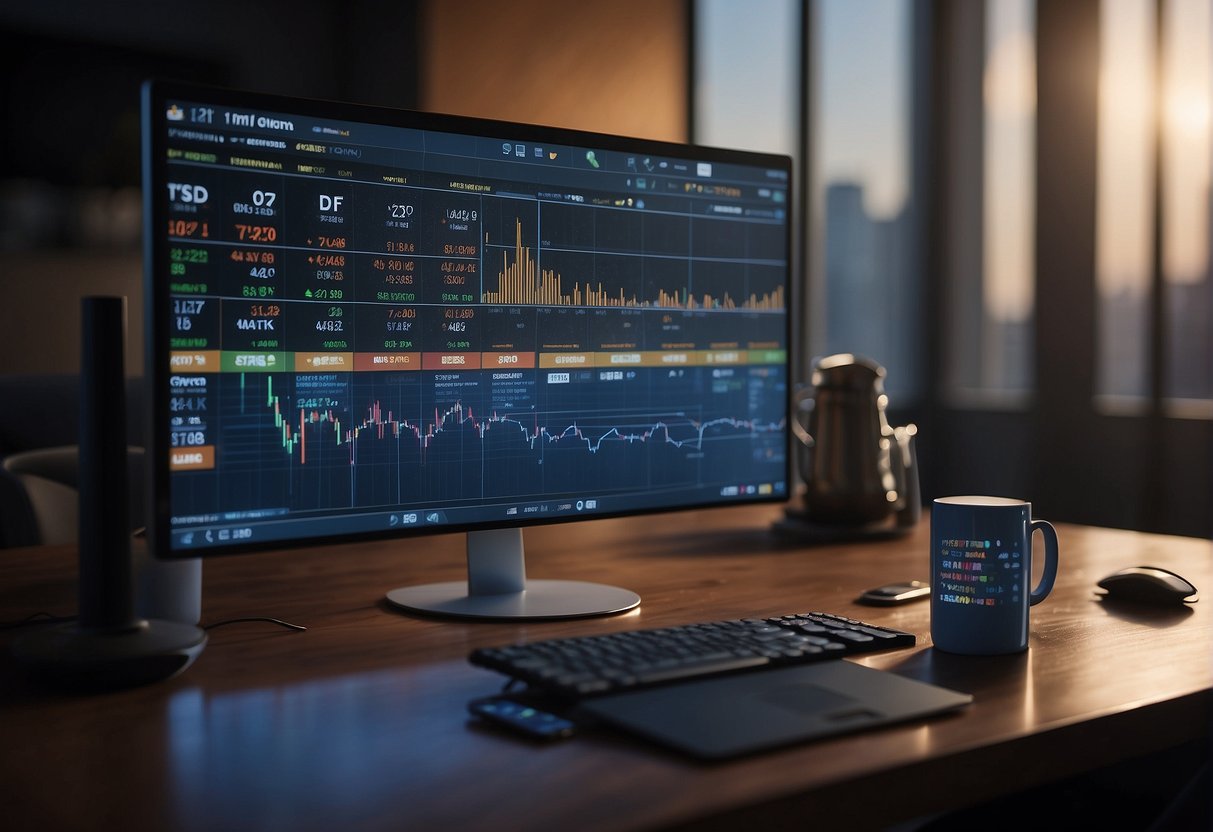 A computer screen displaying cryptocurrency logos and a stack of virtual coins, with a graph showing potential financial gains from using crypto for betting