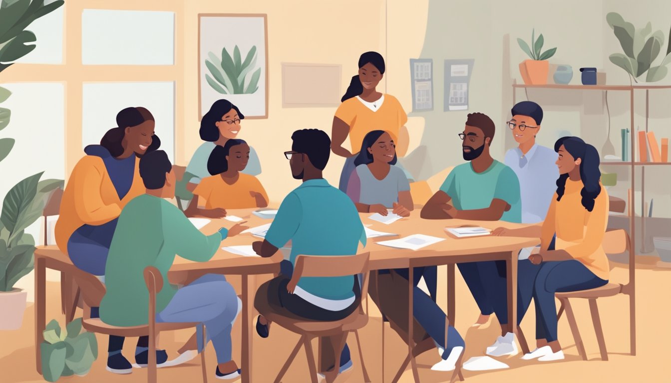 A diverse group of families gather around a table, seeking help with tuition assistance. A friendly volunteer provides information and support