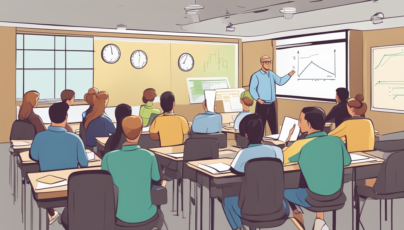 A classroom with a whiteboard, textbooks, and graphs. A professor explaining economic concepts to a group of students