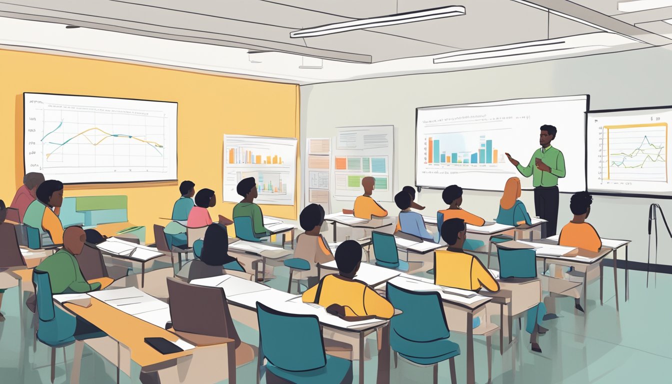 A classroom with a whiteboard filled with graphs and equations, students engaged in discussion, and a professor lecturing on macroeconomics