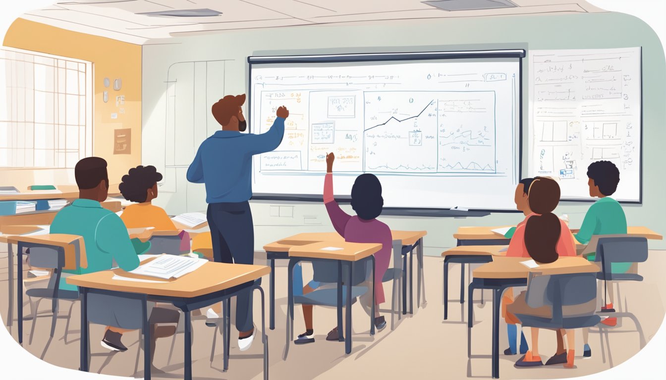 A classroom with a whiteboard filled with graphs and equations, students engaged in discussion, and a knowledgeable instructor leading the lesson