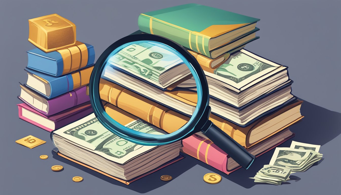 A stack of books labeled "Macroeconomics Tuition FAQs" with a magnifying glass hovering over them, surrounded by question marks and dollar signs