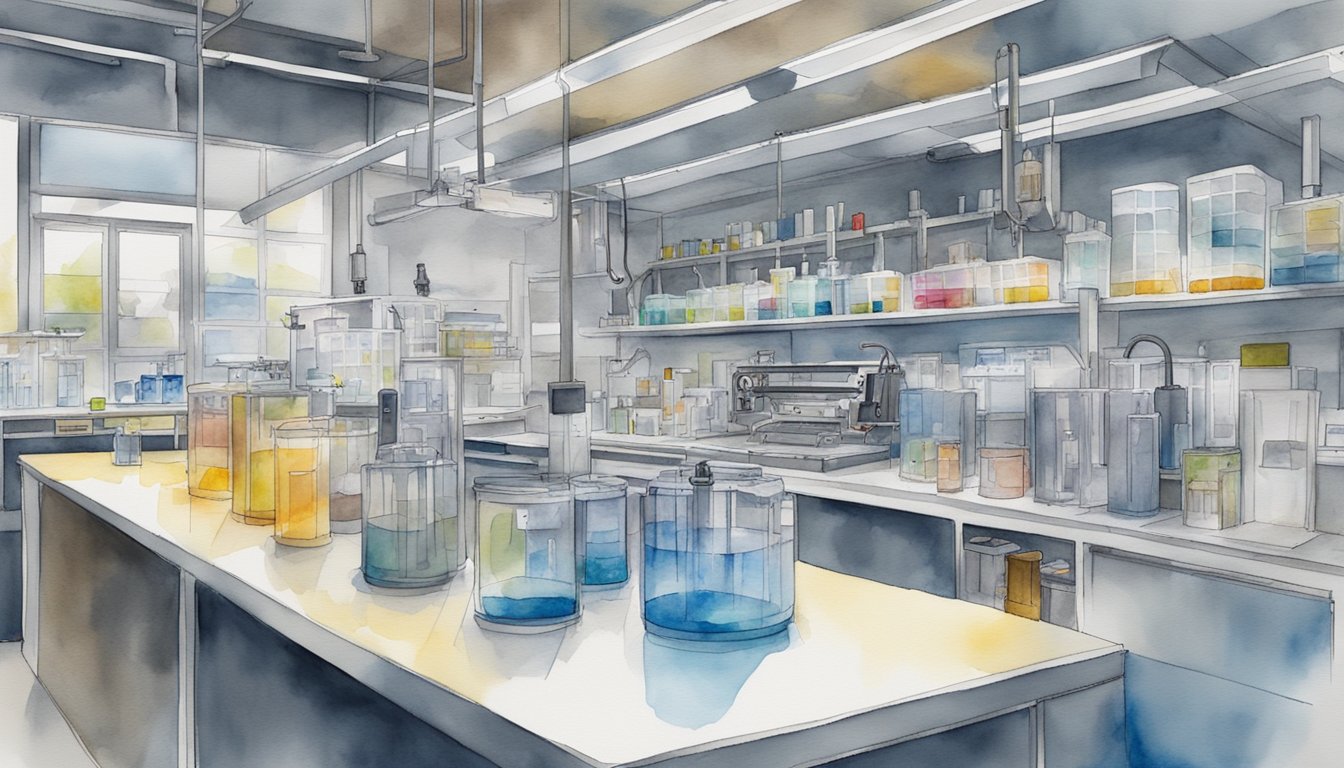 A lab with various battery prototypes on workbenches, including solid-state, flow, and graphene-based alternatives to lithium batteries