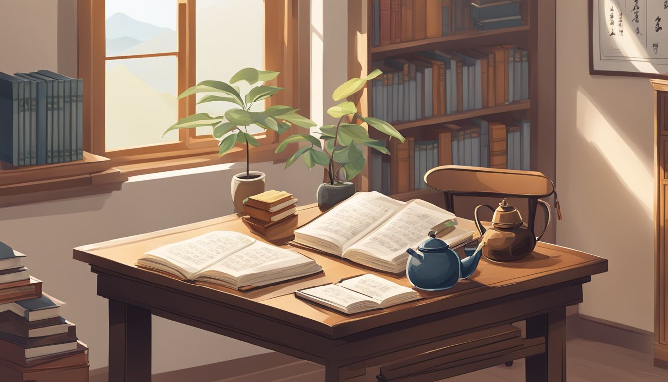 A cozy study room with a traditional Chinese calligraphy set, books, and a small table for one-on-one private Chinese tuition