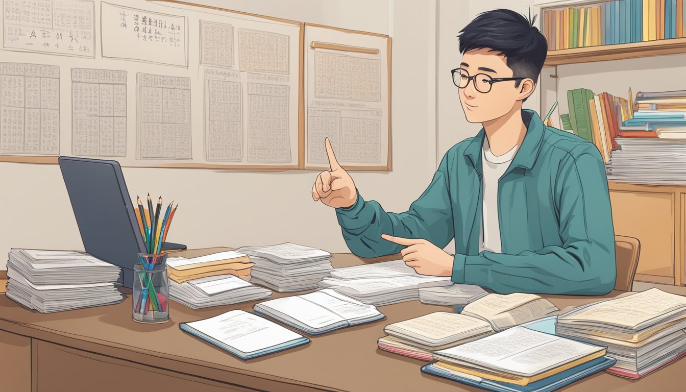 A student sits at a desk, surrounded by Chinese language textbooks and flashcards. A tutor gestures to a whiteboard, explaining grammar and vocabulary