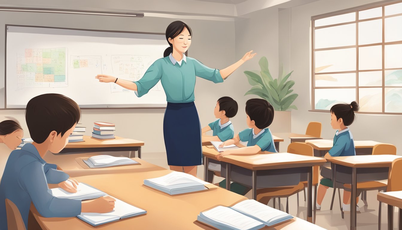 A serene classroom with books, a whiteboard, and a teacher guiding a student through Mandarin language exercises