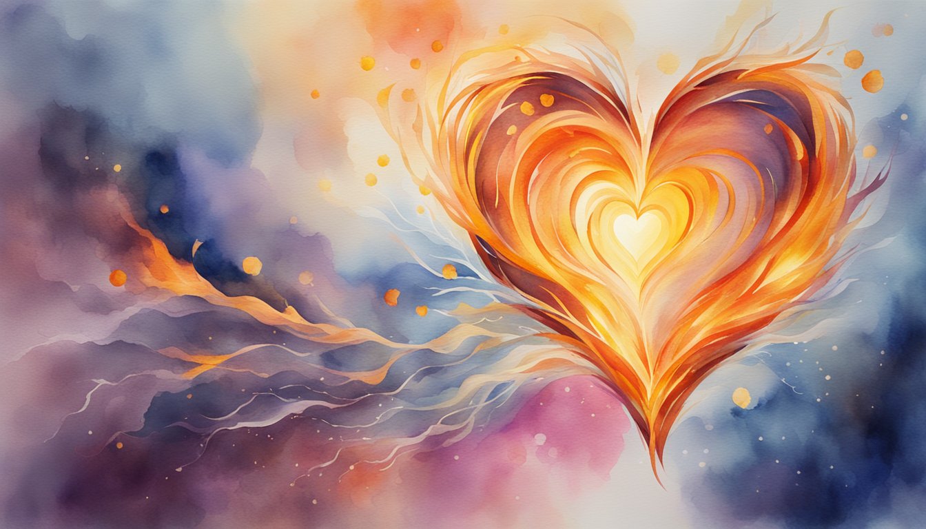 A blazing heart-shaped fire burns brightly, radiating warmth and passion, surrounded by swirling flames and sparks