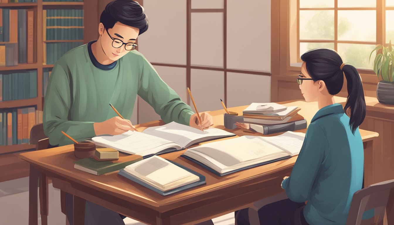 A student and a tutor engaged in private Chinese tuition, with books, notebooks, and writing materials on a desk