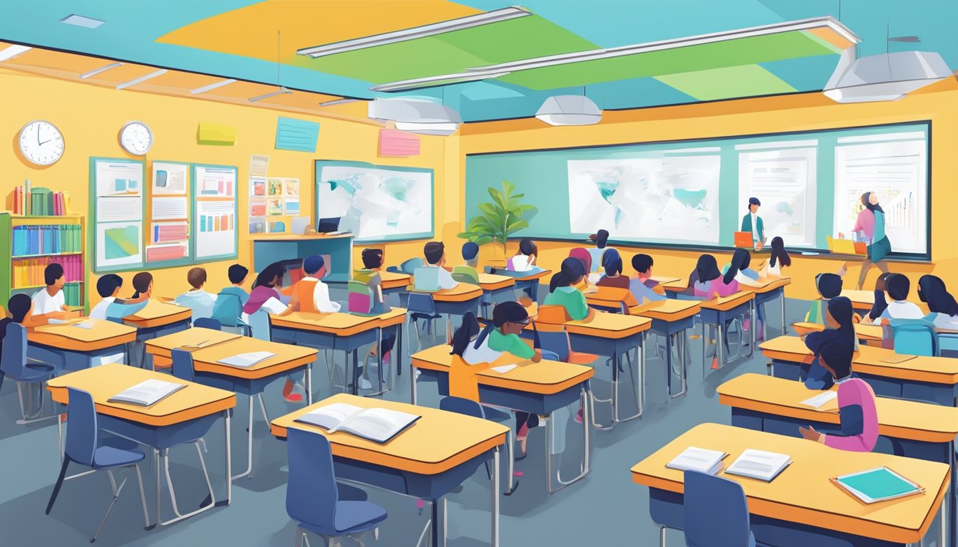 A bright, modern classroom filled with students engaged in learning at Pinnacle Tuition Centre. Whiteboards, desks, and educational materials create a vibrant atmosphere