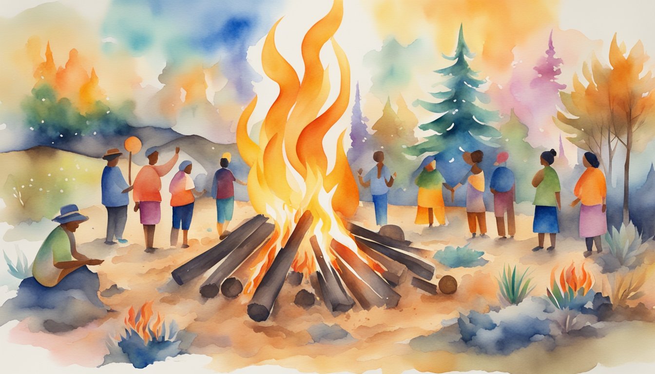 A vibrant bonfire surrounded by diverse cultural symbols, evoking warmth and unity