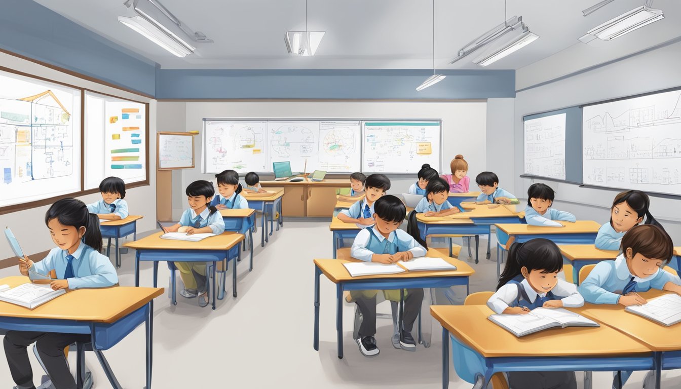 A bustling classroom at Pinnacle Tuition Centre, with students engaged in various programmes and classes. Whiteboards filled with equations and diagrams, while books and study materials cover the desks