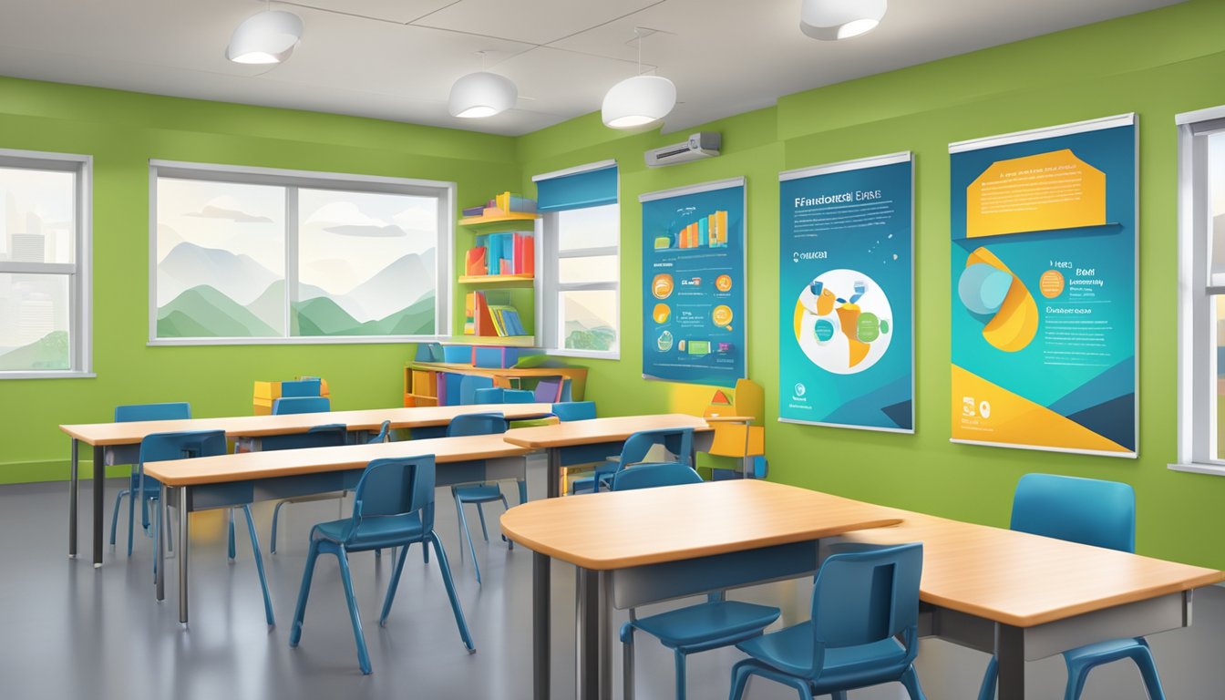 A bright, modern classroom with colorful posters and educational materials. The Pinnacle logo prominently displayed on the wall