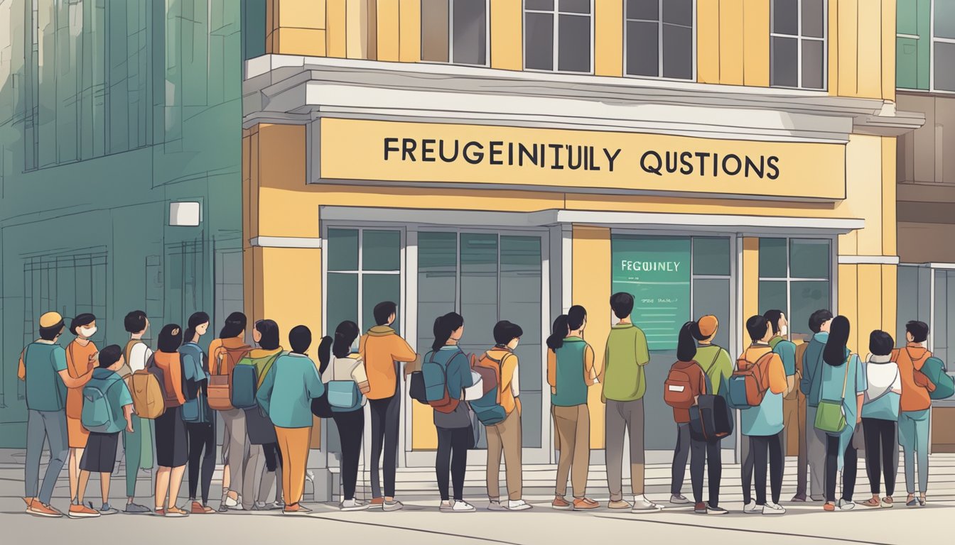 A bustling tuition center with students and parents lining up, a sign reading "Frequently Asked Questions" prominently displayed