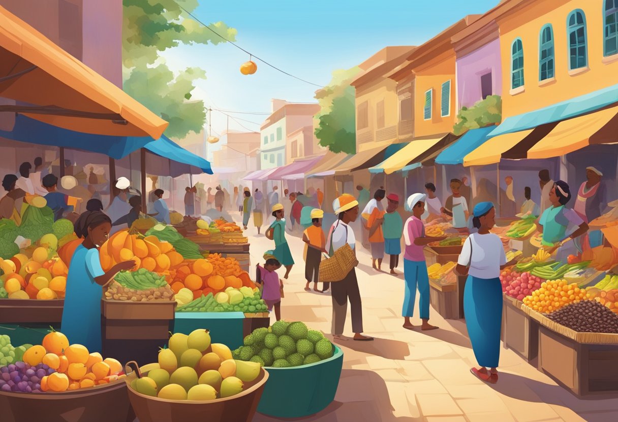 A colorful, bustling marketplace with vendors selling exotic fruits and spices, while children play and laugh in the background