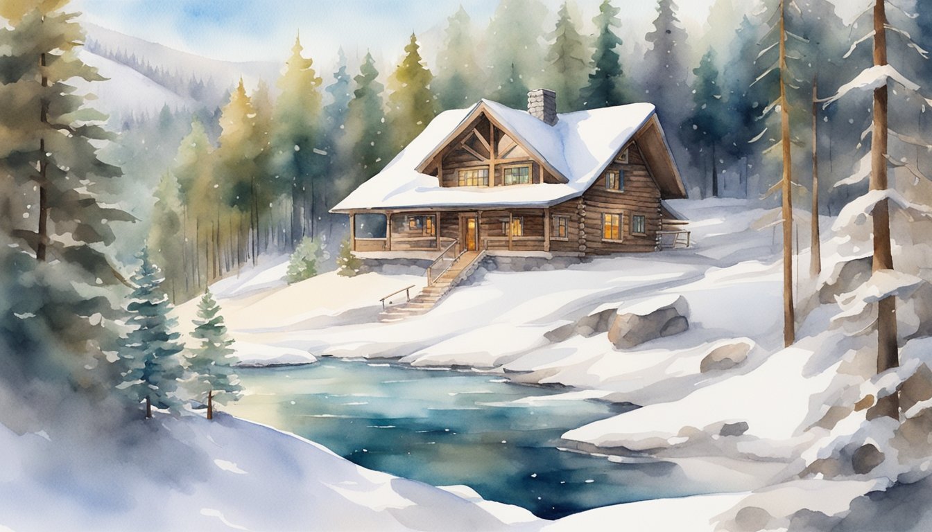 A cozy cabin nestled in a snowy forest, with a crackling fireplace and a hot tub outside.</p><p>Ski slopes and ice skating rinks nearby