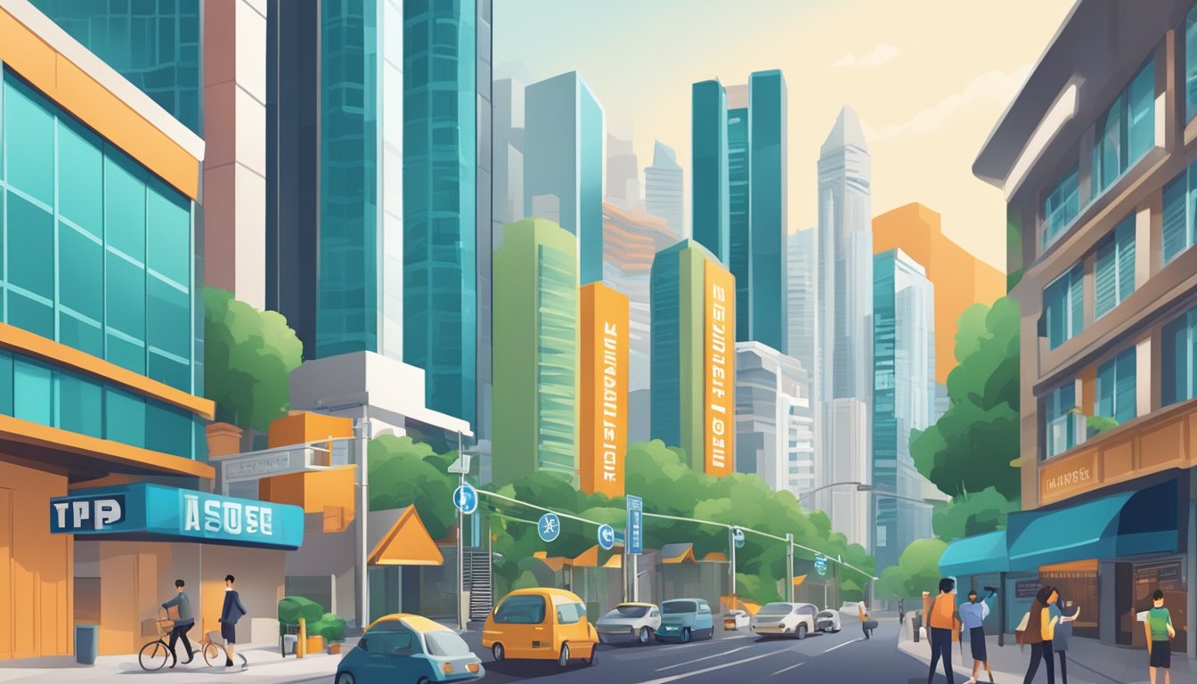 A bustling city with modern buildings and a prominent sign for "Top Tuition Agency Singapore" in bold letters