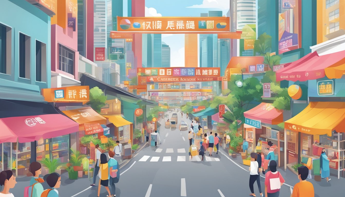 A bustling street in Singapore with colorful signs and banners advertising the best home tuition agencies