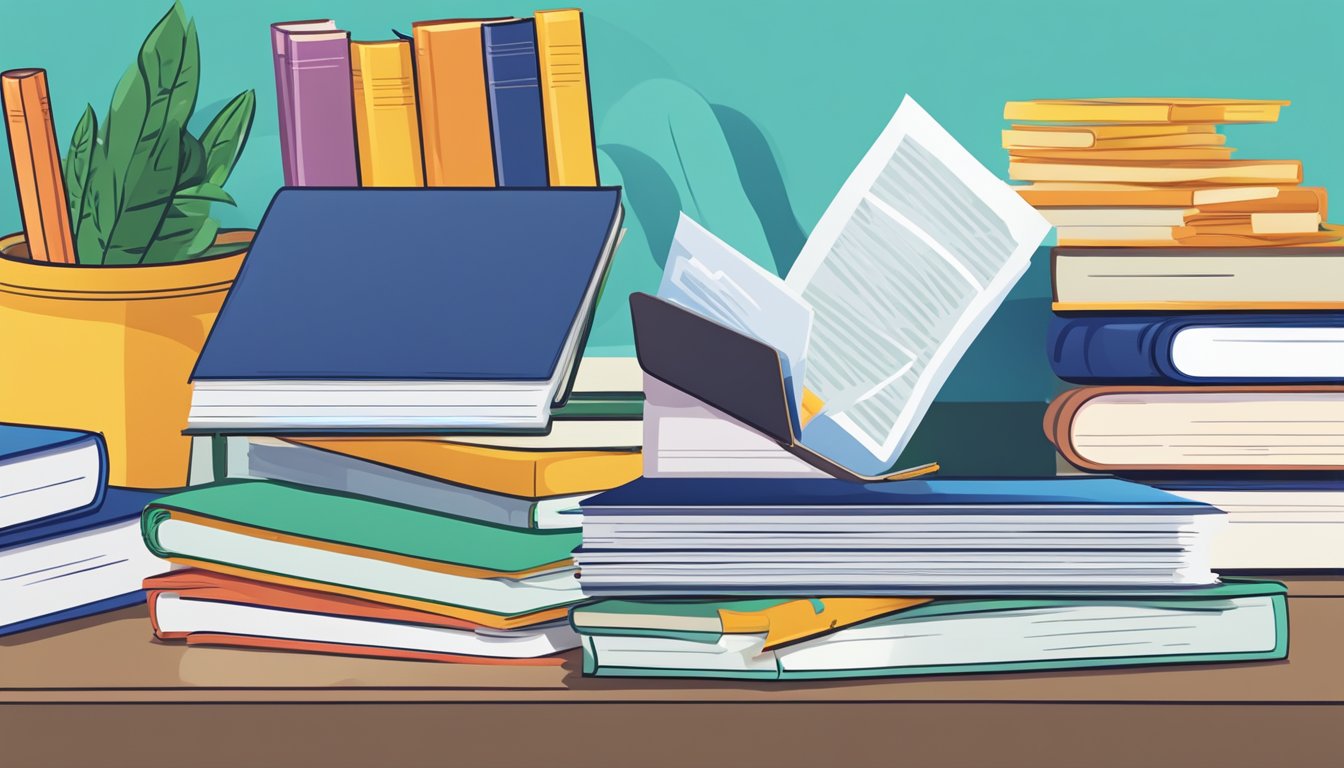 A stack of papers with "Frequently Asked Questions" printed on top, surrounded by books and a laptop, representing a top tuition agency in Singapore
