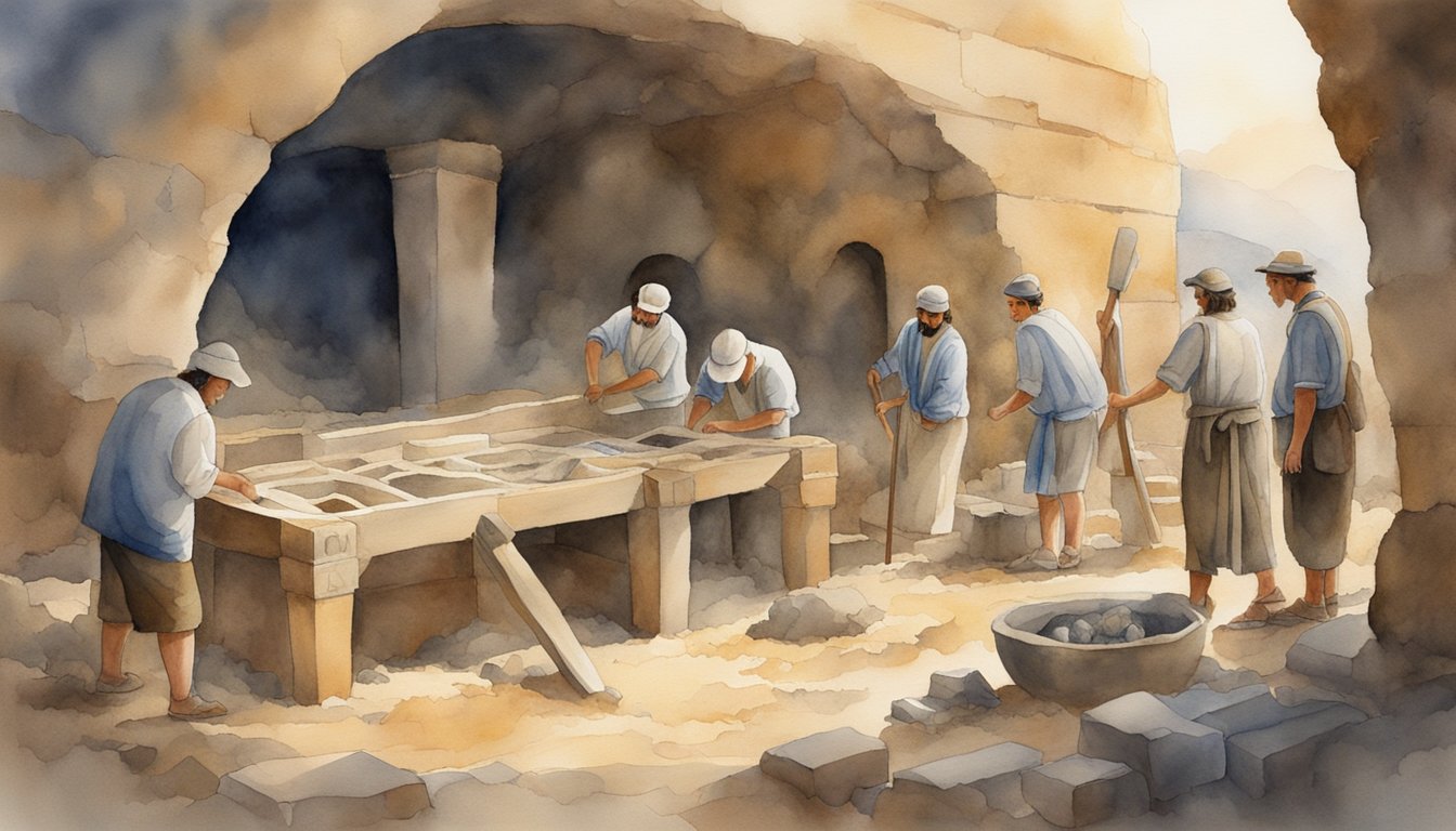 Archaeologists carefully excavate and restore Jesus' tomb, surrounded by ancient artifacts and tools