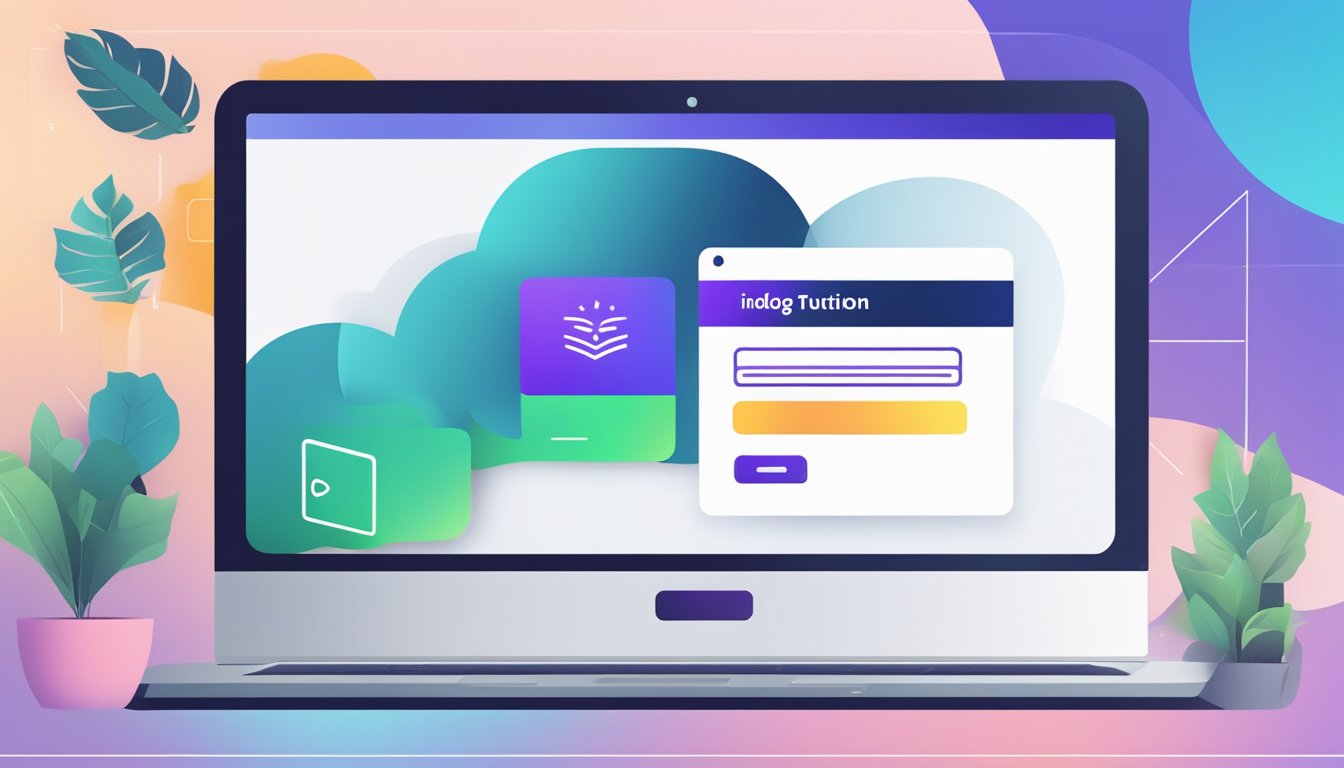 A laptop displaying the "Indigo Tuition Login" page with a username and password input fields, a logo, and a colorful background