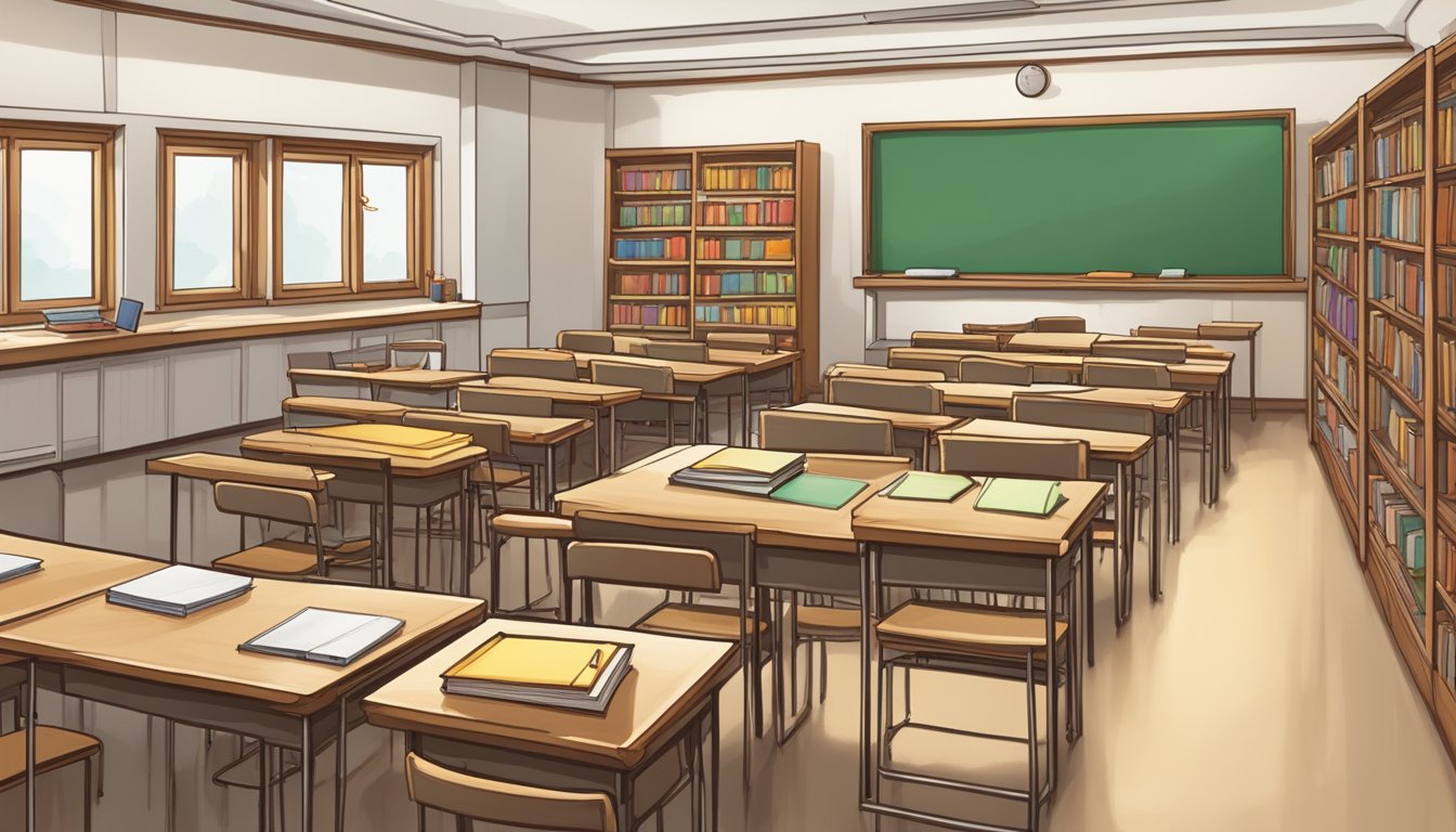 A small classroom filled with desks and chairs, a whiteboard at the front with Chinese characters written on it, and shelves of books and learning materials