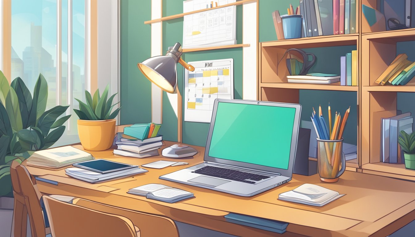 A desk with a laptop, textbooks, and a calendar. A bulletin board with study resources. A comfortable chair and a bright, organized space
