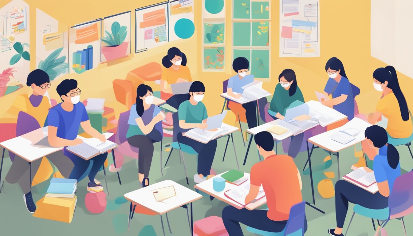 Students studying in small groups at Chinese tuition centers in Singapore, surrounded by colorful educational materials and engaged in lively discussions