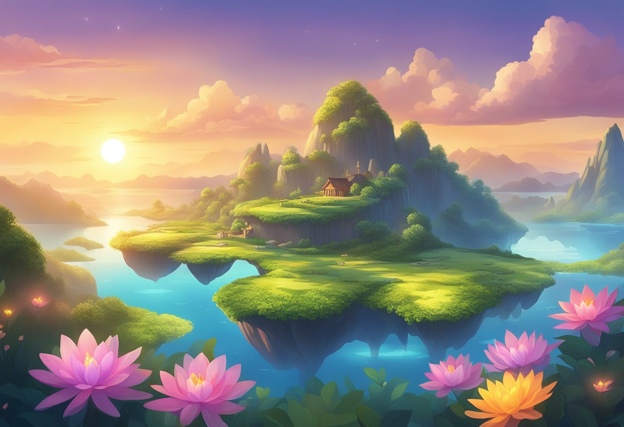 The sun sets over a tranquil, mystical world of floating islands and glowing flora