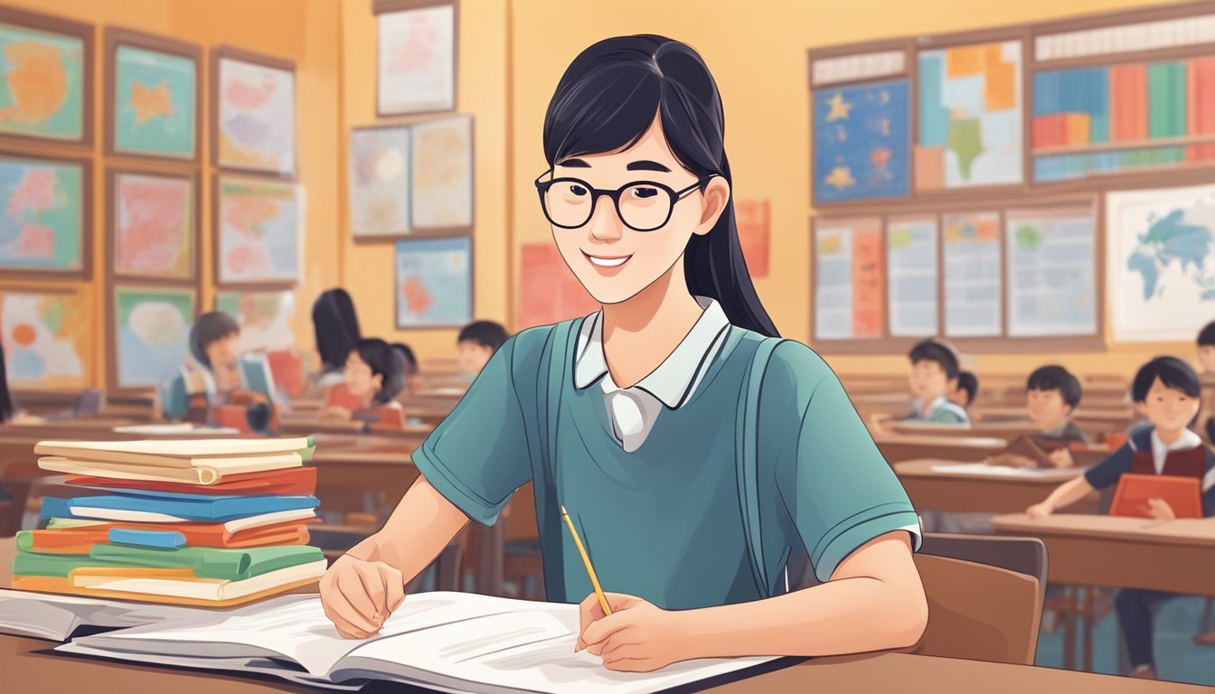 A student eagerly participates in a Chinese language class, surrounded by colorful educational materials and engaged in interactive learning activities