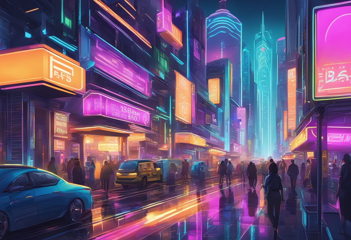 A vibrant and futuristic cityscape with neon signs and bustling streets