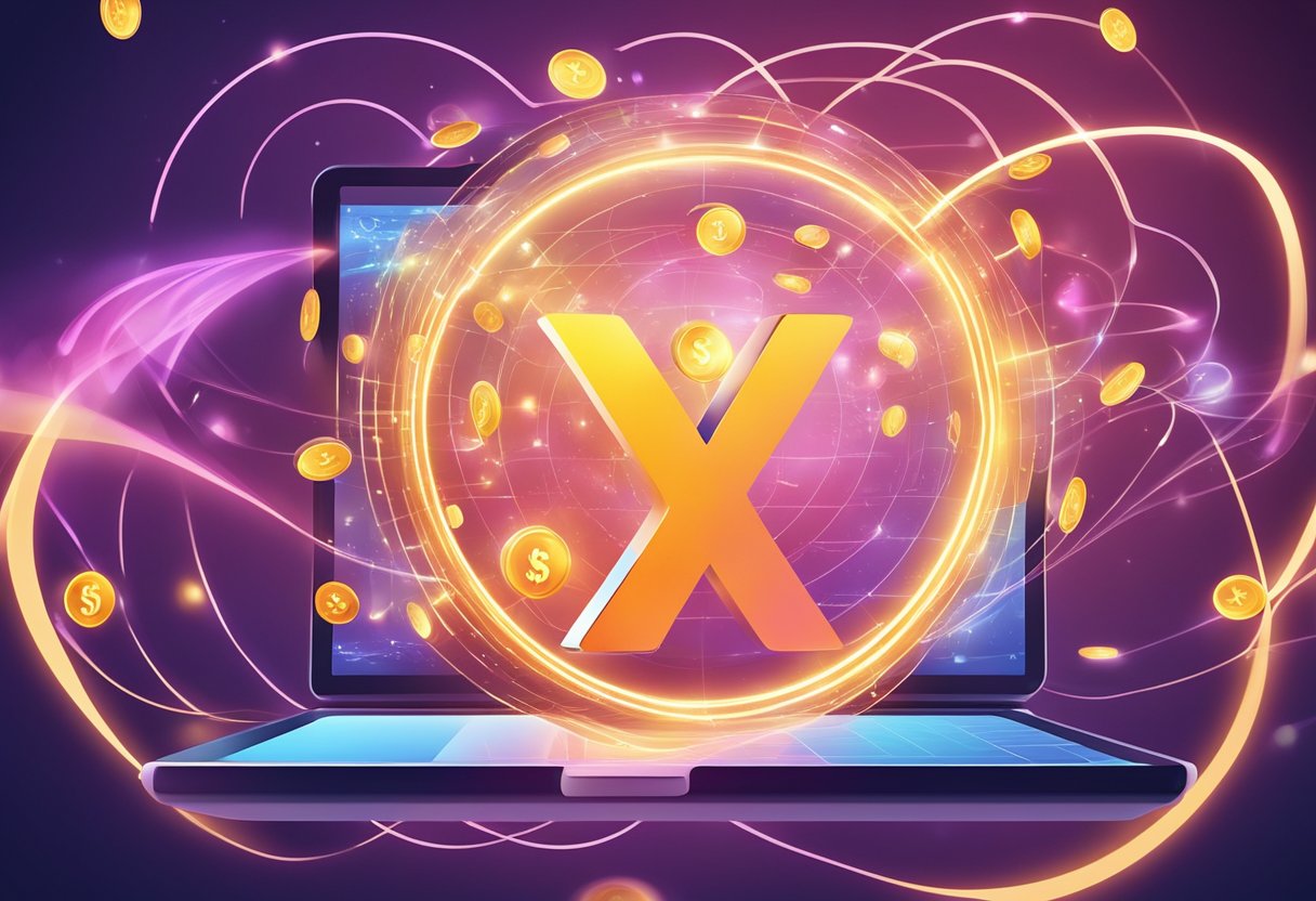 A glowing X world logo hovers above a digital payment transaction, with money symbols and data streams swirling around it