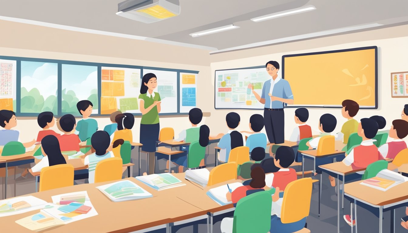 A classroom setting with students and a teacher discussing Chinese language concepts in Singapore