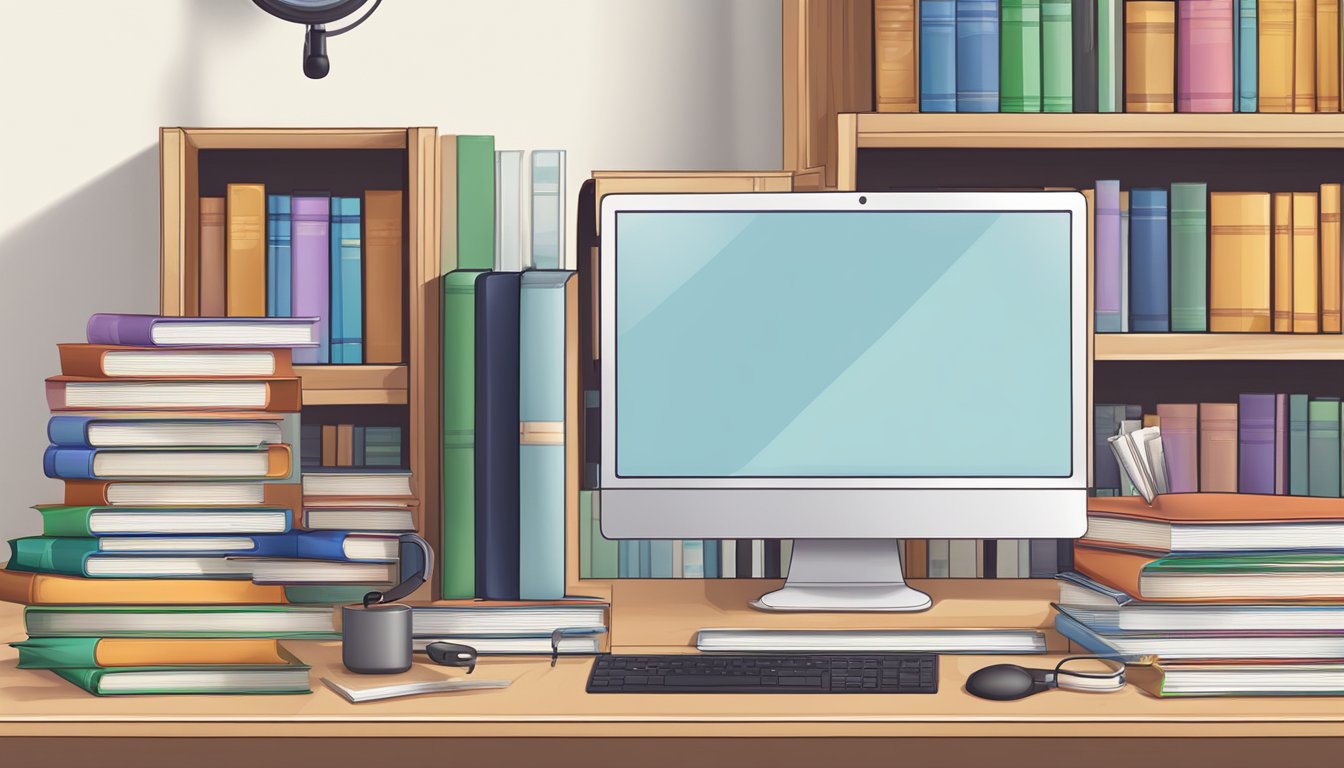 A computer with a stack of books, open web browser, and a diploma on the wall