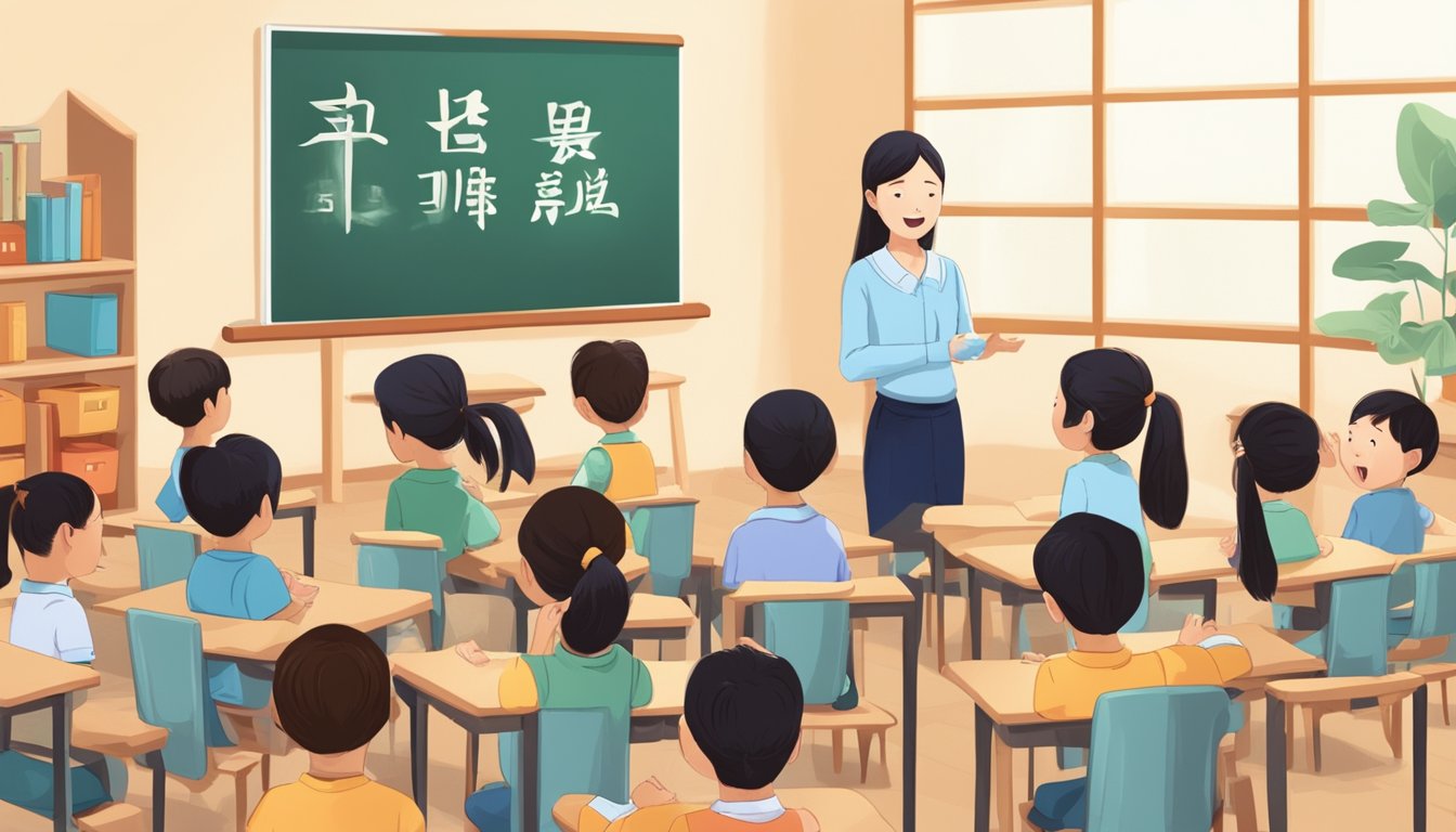 Primary Chinese Tuition in Singapore: Boost Your Child's Language Skills A classroom filled with young students engaged in learning Chinese characters and practicing pronunciation with a teacher at the front of the room