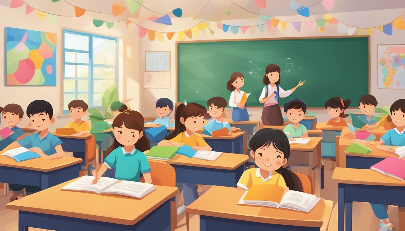 Primary Chinese Tuition in Singapore: Boost Your Child's Language Skills A classroom filled with young students engaged in Mandarin language lessons, surrounded by colorful educational materials and a dedicated teacher guiding their learning