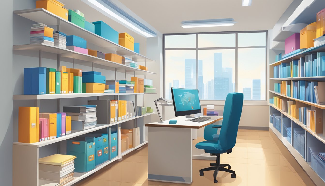 Tuition Agency Singapore: Find the Best Tutors for Your Child A bright, modern office with a desk, computer, and shelves of educational materials. A logo with the words "Tuition Agency Singapore" is prominently displayed