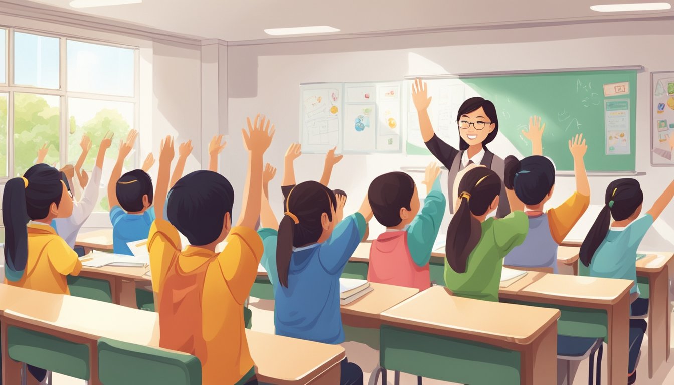 Primary Chinese Tuition in Singapore: Boost Your Child's Language Skills A group of students eagerly raise their hands in a brightly lit classroom at a Chinese tuition centre in Singapore. The teacher stands at the front, engaging the students with interactive learning materials