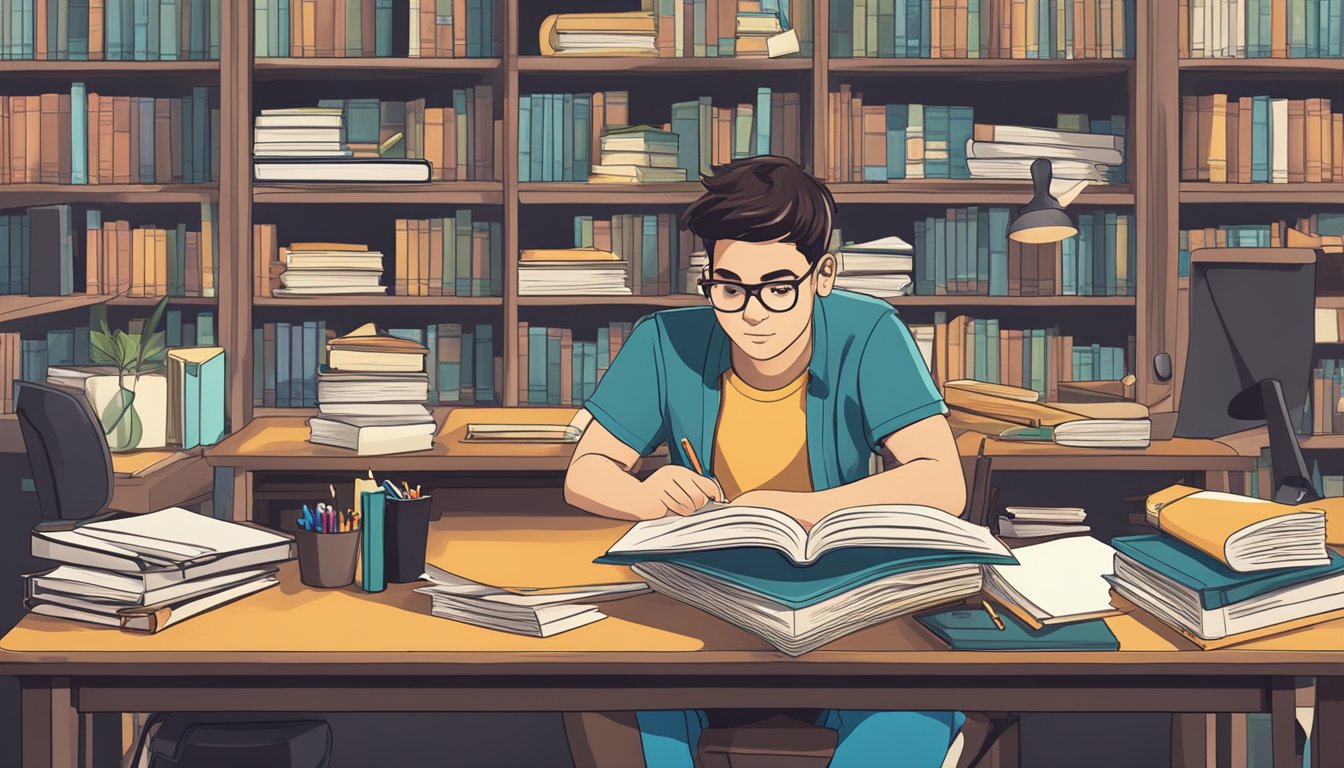 Tuition Agency Singapore: Find the Best Tutors for Your Child A student sits at a desk, surrounded by books and papers. A sign on the wall reads "Finding the Right Tuition Agency."