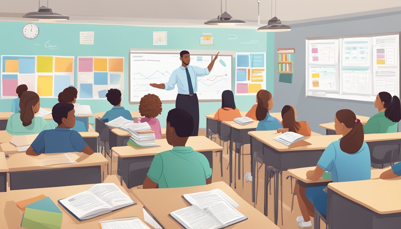 Tuition Agency Singapore: Find the Best Tutors for Your Child A classroom filled with textbooks, whiteboards, and educational posters. A tutor points to a curriculum schedule while students engage in subject-specific activities