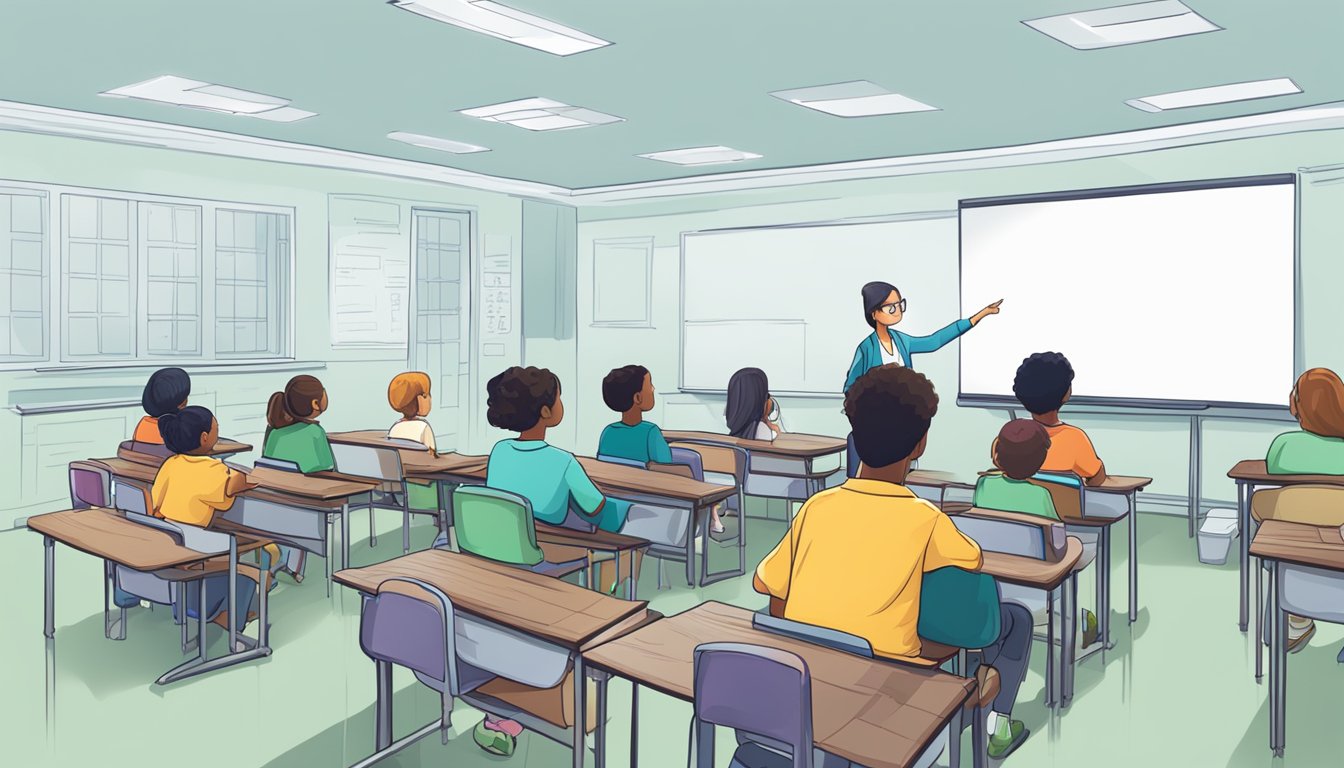 Primary Chinese Tuition in Singapore: Boost Your Child's Language Skills A classroom with a whiteboard, desks, and chairs. A teacher and students engaging in interactive learning activities
